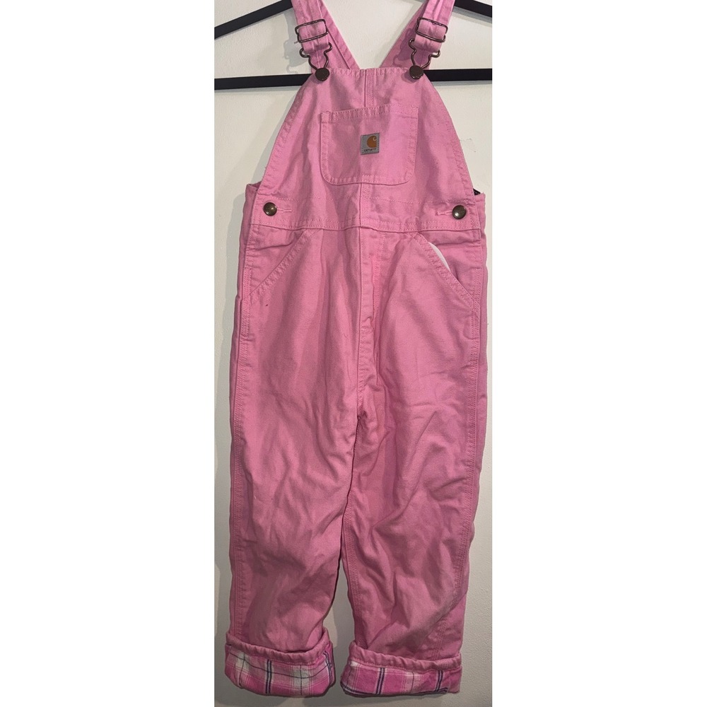 Carhartt Girls Pink Flannel Lined Canvas Bib Overalls 4T - Picture 1 of 8